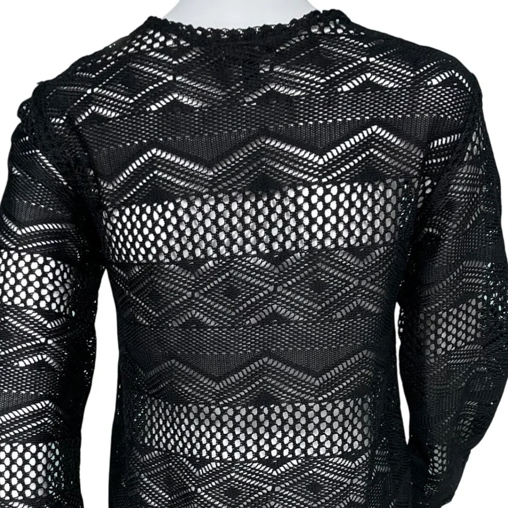 Black Crochet Knit V-Neck Swim Beach Cover Up Resortwear Dress Bell Sleeve - Picture 6 of 10